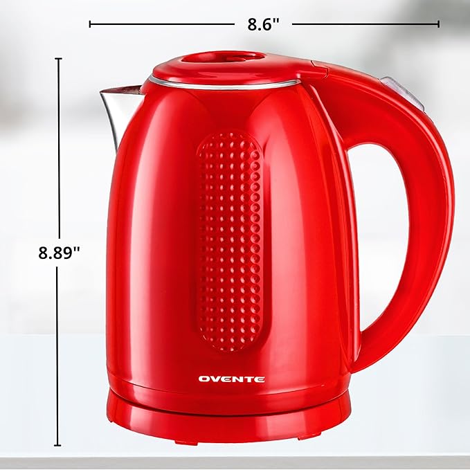 OVENTE 1.7L Double Wall Electric Tea Kettle, 1100W Water Boiler and Heater with Cool-Touch Exterior, Stainless Steel Insulated Interior, Auto Shut-Off, Boil-Dry Protection & Locking Lid, Red KD64R