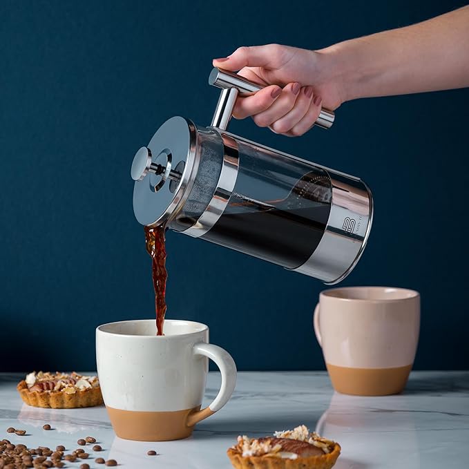 34 oz French Press Coffee Maker - Borosilicate Glass, Coffee Brewer, Stainless Steel Plunger, Tea Press for loose Tea, Heat Resistant, Silver