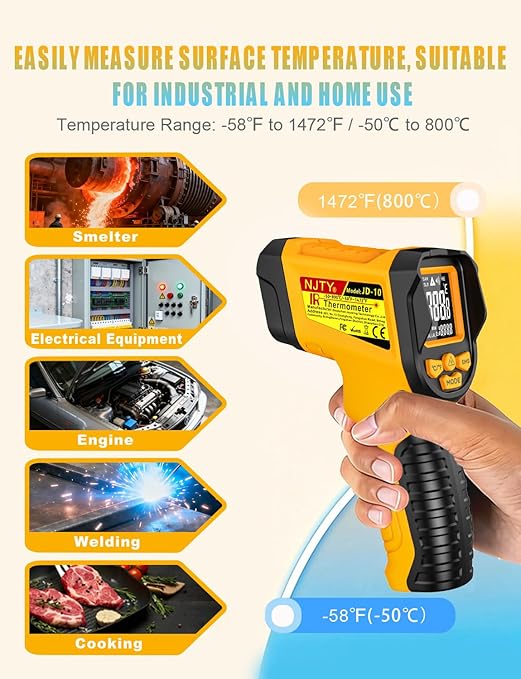 Infrared Thermometer Gun, -58℉ to 1472℉, High Precision, Non-Contact Laser Temperature Sensor with Backlit LCD, for Cooking, BBQ, Automotive, Industrial Use