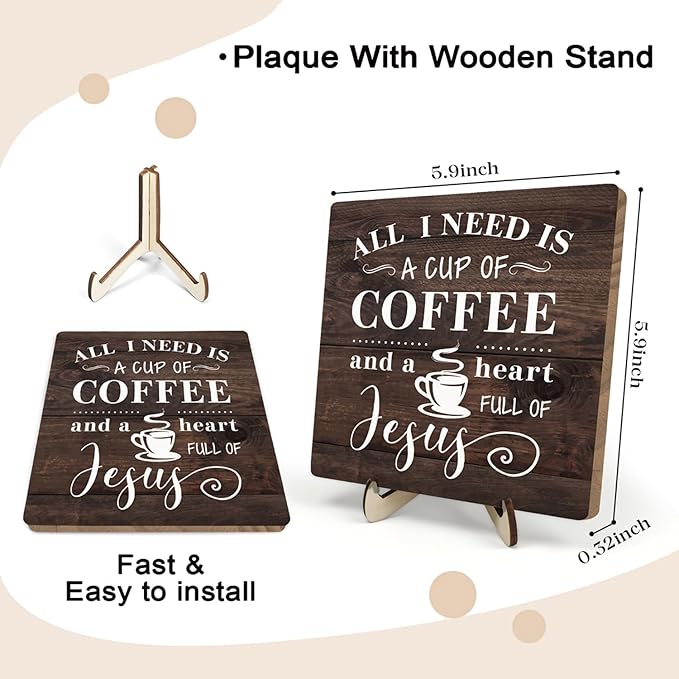 Coffee Bar Sign Plaque Decor-A Heart Full of Jesus,Cafe Bar Accessories,Christian Rustic Wooden Tabletop Plaque with Stand, Faith Scripture Mini Counter Sign for Kitchen Coffee Station Office 5.9x5.9