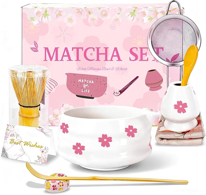 8Pcs Cute Ceramic Matcha Set with Whisk Bowl, Matcha Tea Kit Holder, Bamboo Scoop, Sifter, Towel Included, Valentine's Mother's Day Gift for Matcha Lover Women (White Sakura)