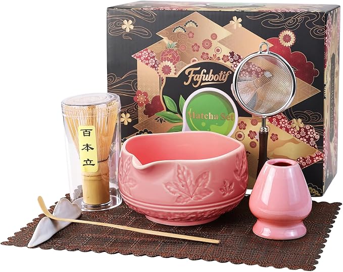 7 Pcs Matcha Whisk Set, Ceremony Matcha Kit with Matcha Bowl, Bamboo Whisk and Holder, Scoop and Scoop Rest, Sifter and Tea Towel, Gift for Matcha Lovers (Pink/Maple Leaf-Patterned)