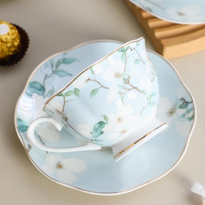 Porcelain Tea Cup and Saucer Set of 6 (12-Piece) – Ceramic 6oz Embossed Floral Cups with Gold Trim, Elegant Set for Afternoon Tea & Gifting