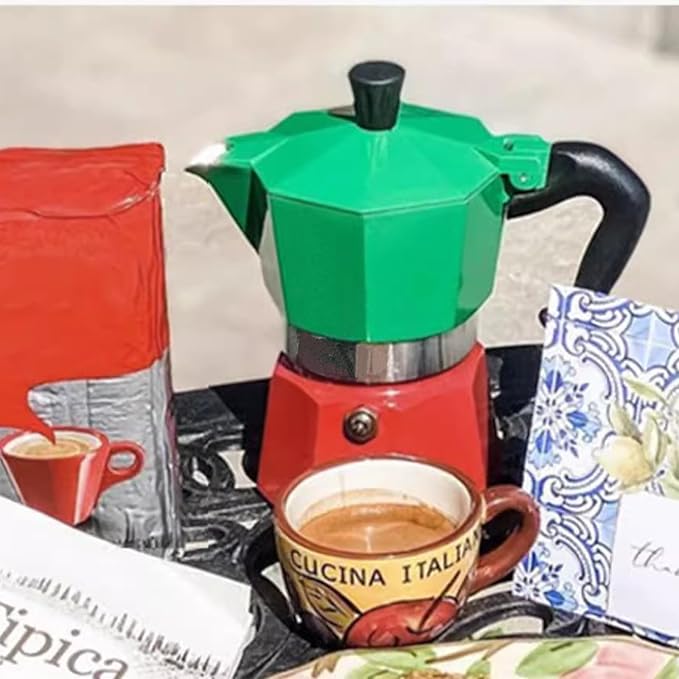 Coffee Pot, Moka Pot Italian Coffee Maker 6 cup/10 OZ Stovetop Espresso Maker for Gas or Electric Ceramic Stovetop Camping Manual Cuban Coffee Percolator for Cappuccino or Latte- Green+Red