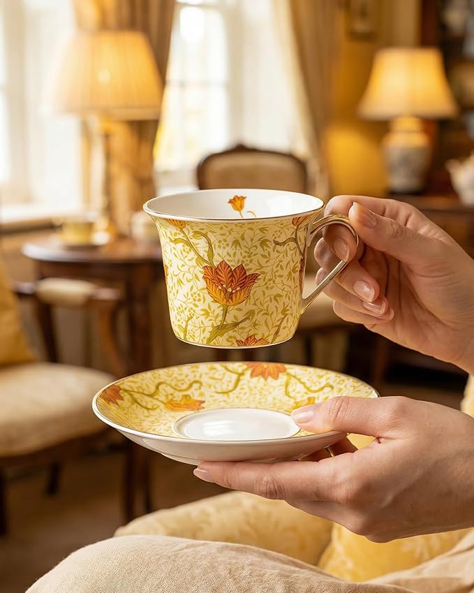Exquisite Bone China Tea Cups and Saucer Set – Elegant Porcelain Tea Cups, Beautifully Detailed for Tea Lovers, Gift-Ready for Christmas, Hostess, Holiday Gift & Fall Decor