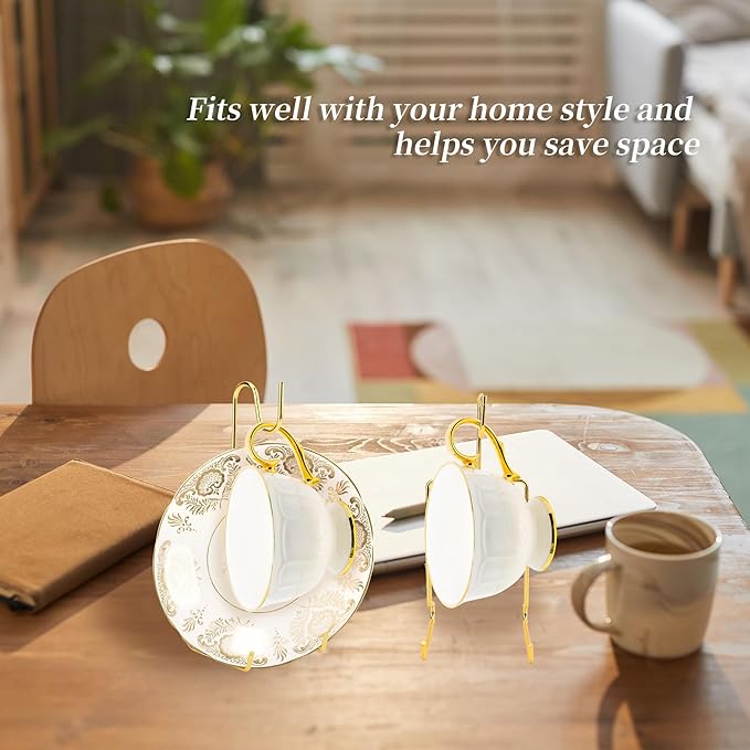 10 Pcs Tea Cup and Sau-cers Display Stand, Metal China Tea Cup Holder Display, Gold Coffee Mug Organizer for Plate Teapot, 6.22 x 2.44 Inches