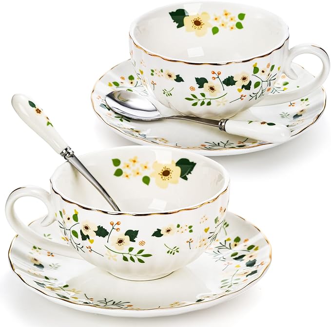 Lyellfe Set of 2 Tea Cup and Saucers, 6 Oz Floral Tea Cups with Spoon Gold Trim, Porcelain Bone China British Coffee Cappuccino Espresso Latte Mugs for Party Birthday Wedding Gifts