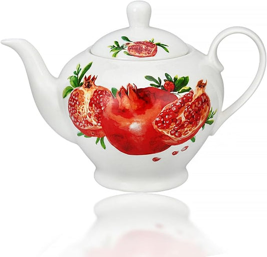 Porcelain Teapot 40 oz. Microwave & Dishwasher Safe Tea Pots for Tea, Pots for Women Gift (Sweet Pomegranate)