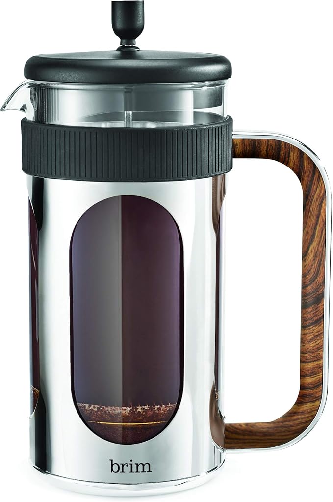brim 8 Cup French Press, Quickly Brew Coffee in Under 5 Minutes, Classic Design with Modern Twist, Dishwasher Safe Carafe for Easy Cleaning, Replacement Filter Included, Stainless Steel/Wood