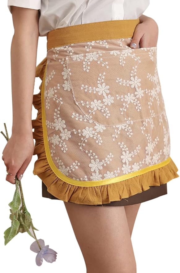 Unisex Chef Aprons White Retro Cotton Maid Short 2 Pockets Waist Waiter Waitress Half Apron by Caatoor