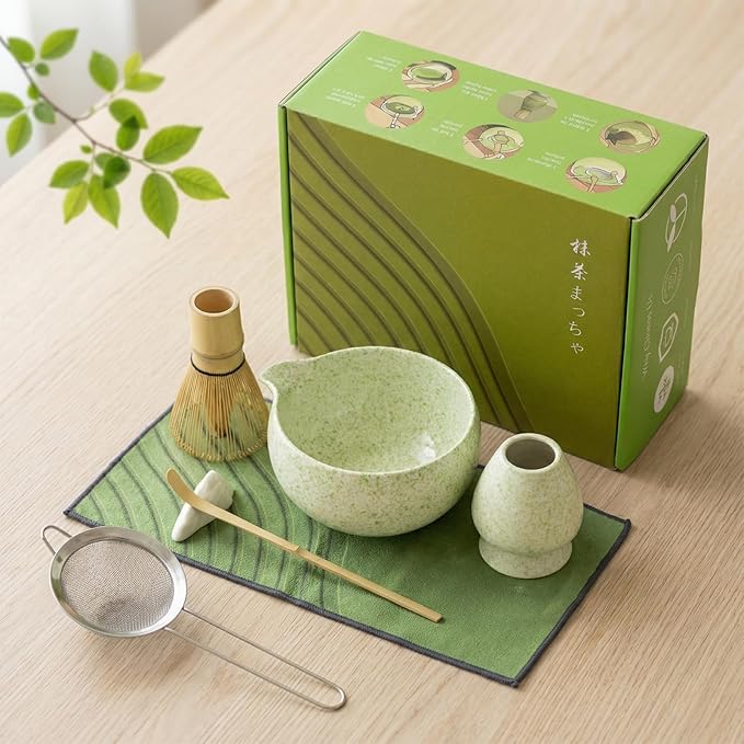 Matcha Whisk Set- 7 Piece Complete Japanes Matcha Set with Ceramic Matcha Bowl (Chawan), Bamboo Whisk (Chasen), Sifter, Whisk Holder, Macha Scoop(Chashaku) & Accessories - Green