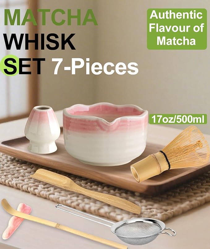 JBER Matcha Whisk Set, Ceramic Matcha Set Includes Bowl & Holder, Bamboo Whisk (Chasen), Sifter, Scoop, Spoon & Rest - 7PCS Matcha Kit Gift for Matcha Lovers & Beginners, Gradient Pink