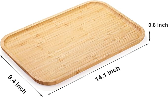 Yarlung 2 Pack Bamboo Tray Cheese Plate, 14x9 Inches Food Serving Saucer Wood Rectangular Platter for Coffee, Tea, Fruit, Plant Pot