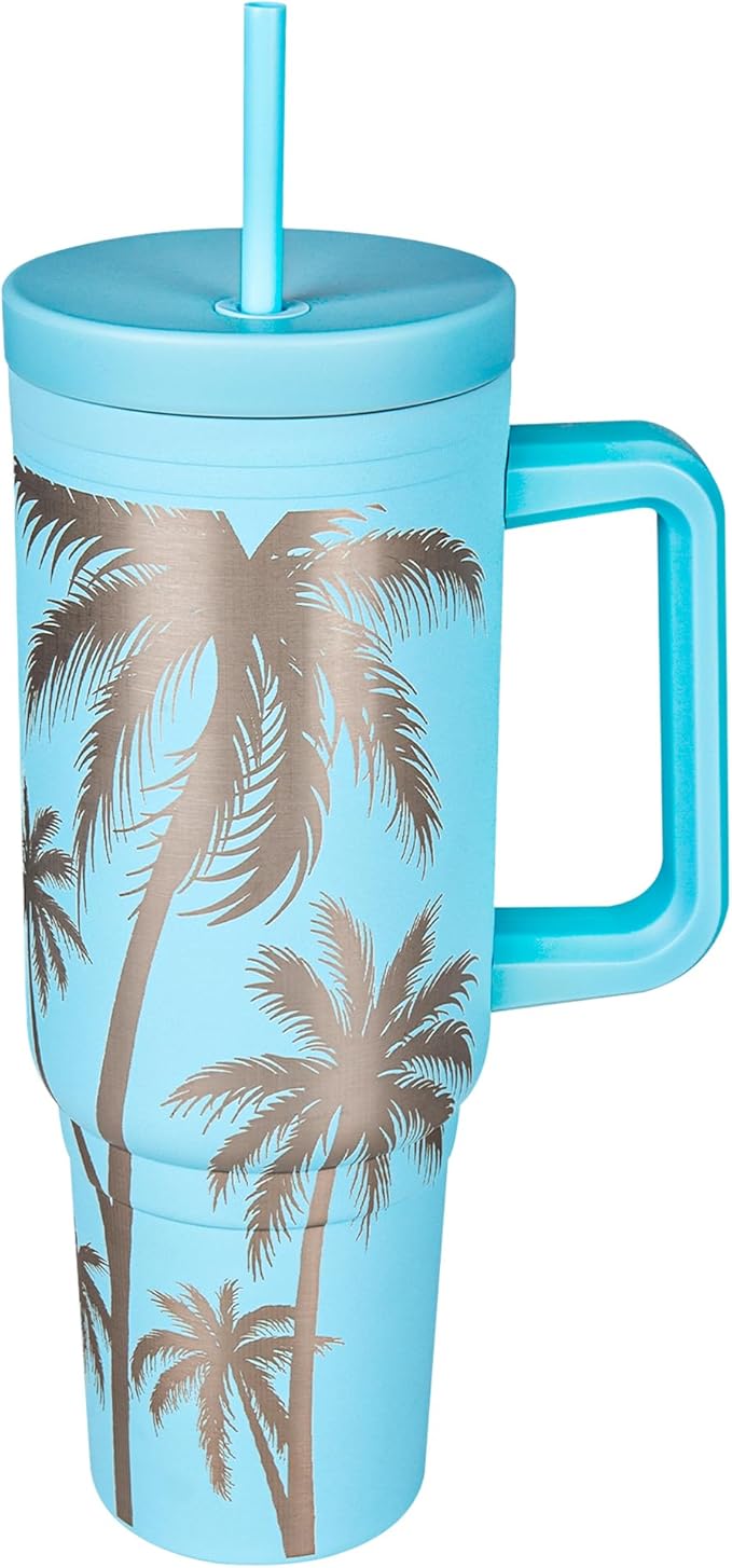Engraved Palm Trees 40oz Insulated Tumbler with Handle, Lid & Straw - Use for Water, Tea, Coffee & More-Palm Tree 40oz Tumblers