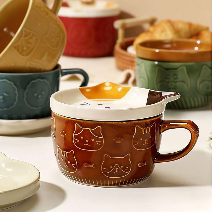 Gifts for Women Her Cute Kawaii Cat Coffee Mugs with Lids Christmas Birthday Presents for Girls Friend Kids Men Wife Mom Grandma Teacher Novelty Animal Coffee Ceramic Tea Cup Dessert Saucer Set
