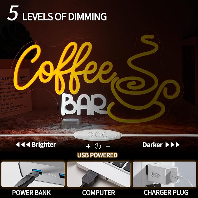 Coffee Bar Neon Sign Dimmable Coffee Corner Neon Light Sign for Business Decor Letters Yellow Led Signs for Pub Cafe Home Bar Restaurant Art Wall Decor Gift 16.5" x 9.1"