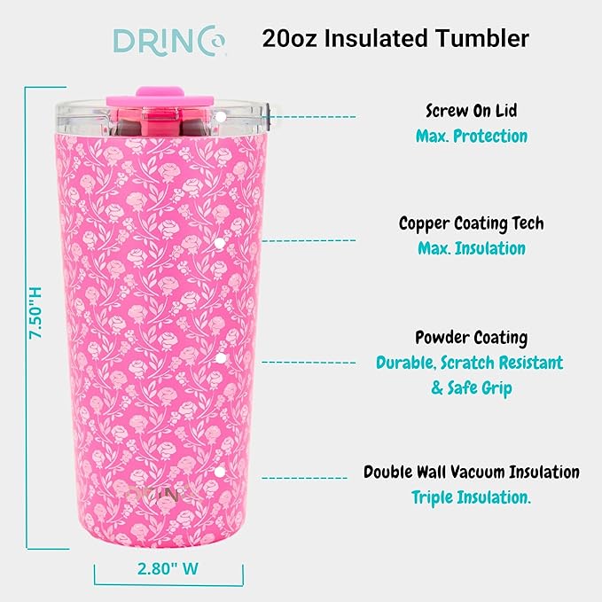Drinco - 20 oz Stainless Steel Tumbler | Double Walled Vacuum Insulated Mug With Lid, 2 Straws, For Hot & Cold Drinks (20oz Pink Rose)