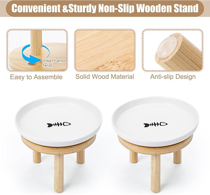 Shallow Elevated Cat Bowls with Bamboo Stand, 5.9 Inch Wide Ceramic Cat Dish Whisker Friendly, 2 Pack Pet Food and Water Plates