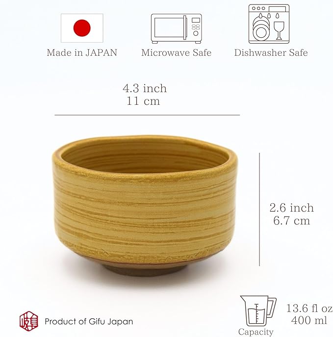 Product of Gifu Japan Ceramic Matcha Bowl, Handmade Chawan Japanese Green Tea Cup, Matcha Mixing Bowl, 400ml 13.6 oz, Brush Stroke Pattern, Yellow