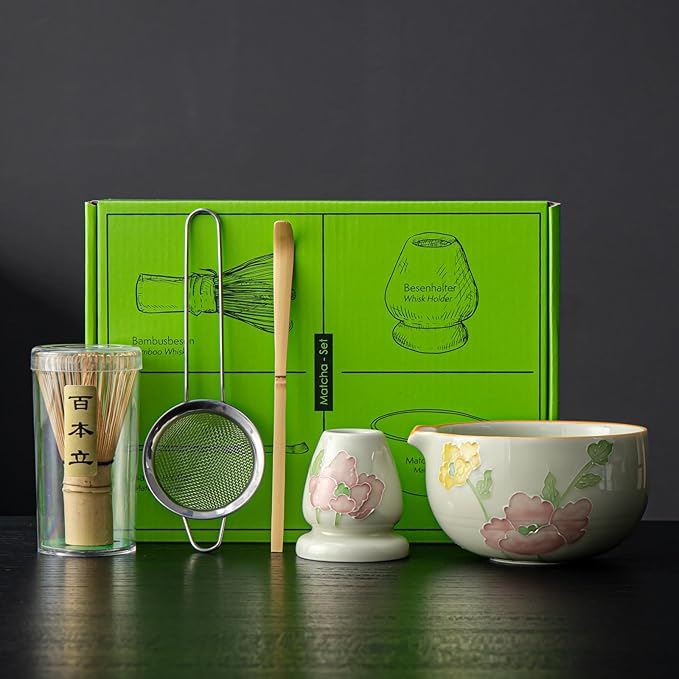 Matcha Set, Matcha Whisk Set Includes Hand-Drawn Matcha Bowl with Spout, Bamboo Whisk, Matcha Whisk Holder, Bamboo Scoop, Sifter - 5pcs Perfect Matcha Kit for Matcha Tea Ceremony