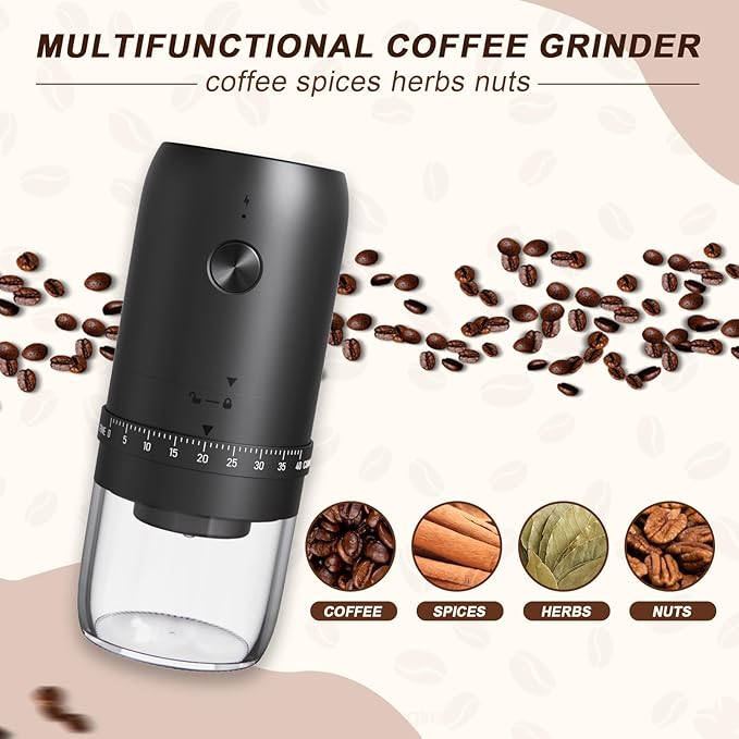 Portable Electric Burr Coffee Grinder with 40 Adjustable Settings, Small Electric Rechargeable Mini Coffee Grinder with Multiple Grinding Settings