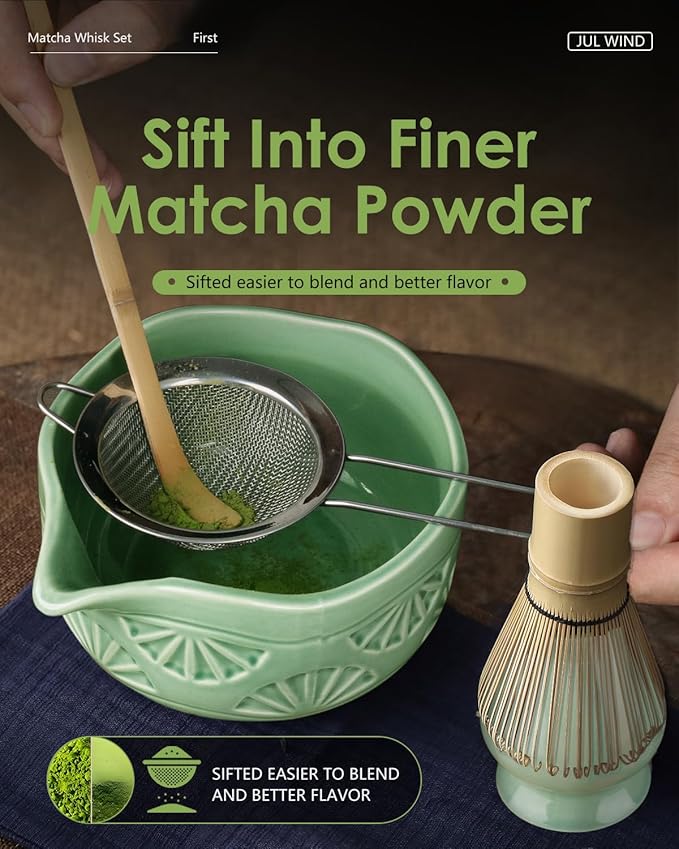 Matcha Whisk Set, Ceramic Matcha Set Includes Matcha Bowl with Spout, Matcha Whisk and Holder, Bamboo Scoop, Sifter and Tea Towel - 6 Pcs Matcha Kit Gift for Matcha Lovers (Green)