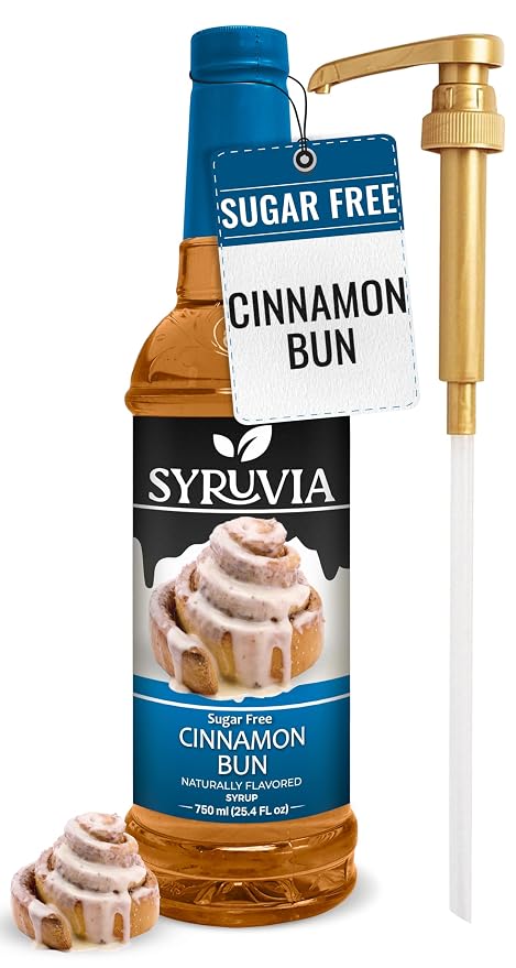 Syruvia Sugar Free Coffee Syrup, Cinnamon Bun Flavored Syrup for Drinks, Lattes, and Desserts – 25.4 fl oz, With Pump by SYRUVIA