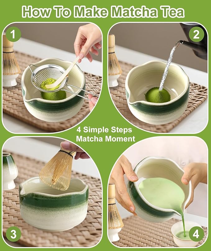 JBER Matcha Whisk Set, Ceramic Matcha Set Includes Bowl, Matcha Whisk (Chasen) and Holder, Sifter, Bamboo Scoop, Spoon & Rest - 7 Pcs Matcha Kit Set for Matcha Lovers & Beginners, Gradient Green