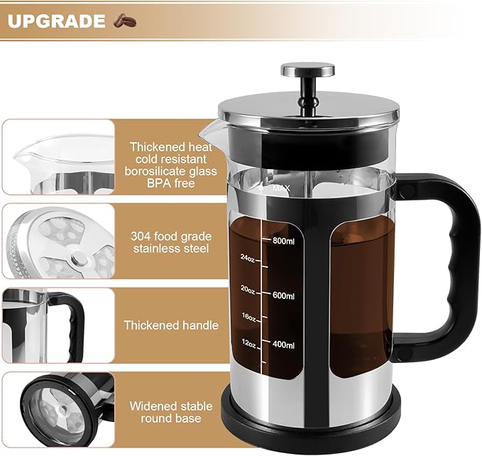French Press Coffee Tea Maker, Upgrade Heat Cold Resistant Thickened Glass with 4 Level Stainless Steel Filtration System Brew Coffee & Tea, BPA Free, Large 1000ml 34oz (Silver)