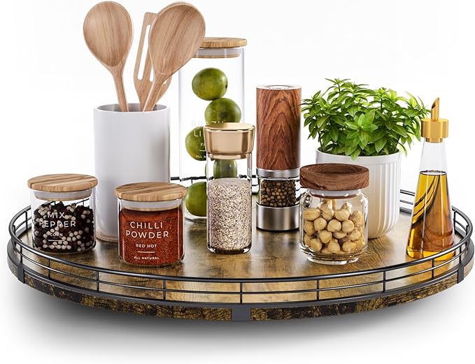 Lazy Susan Turntable Organizer for Table Top, 18’’ Round Wooden Lazy Susan for Cabinet Kitchen Countertop Pantry Dining Coffee Table for Condiments Spices, Rustic Bathroom Vanity Tray for Soap Candle by HGF