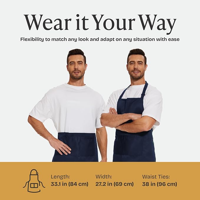 Will Well Kitchen Apron for Men and Women - 33" x 27" Oil-and-Water-Resistant with Adjustable Neck Strap and 38" Waist Ties for a Snug Fit, Lightweight with 2 Front Pockets - 1-Pack, Navy | Unisex 33'' x 27'' Oil & Water Resistant Soft Kitchen Chef Apr... - Image 7