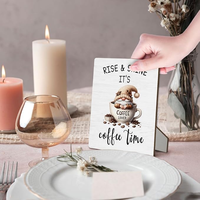 Coffee Bar Sign, Gnome Coffee Cup Wooden Stand Sign 5"X7", Espresso Lovers Gifts Signs Decorations for Cafe Coffees Station Shop Home Kitchen Table Desk Decor(5x7 Inch) - Image 3