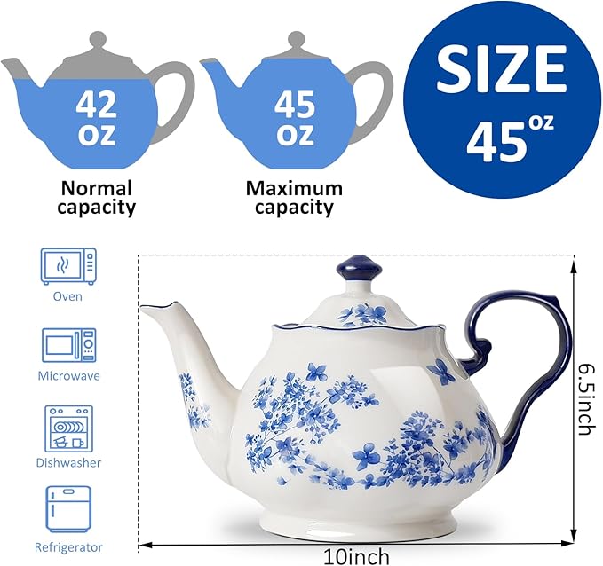 Bone China European Style Floral Ceramic Teapot - 45oz, Perfect for Tea Sets, Loose Tea, and Parties