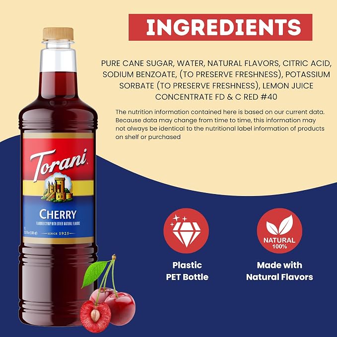 Torani Cherry Coffee Syrup 1 Liter Bottle with Pump Dispenser – Flavored Syrup for Lattes, Teas, Cocktails, Lemonades & Desserts – Premium Coffeehouse Quality Drink Syrup - Image 5