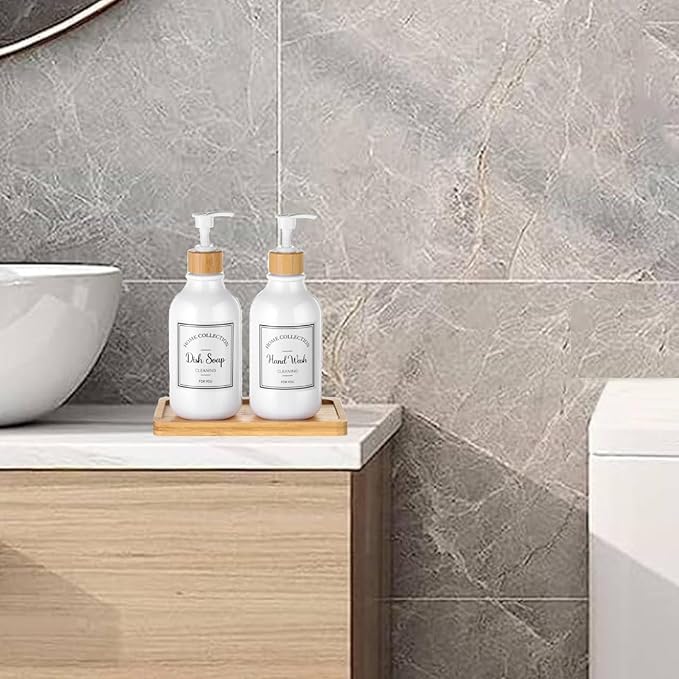 Bamboo Soap Dispenser Tray, Bathroom & Kitchen Sink Tray - Square, Ideal for Jewelry & Cosmetics - Bathtub Organizer