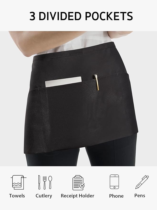 Syntus 12 Pack Server Apron with 3 Pockets, Waterdrop Resistant Waitress Waiter Waist Apron, 11.5-inch Black