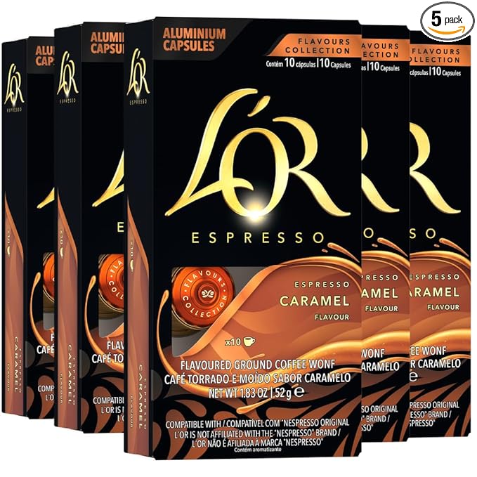 L'OR Espresso Capsules, 50 Count Caramel, Single-Serve Aluminum Coffee Capsules Compatible with the L'OR BARISTA System & *Nespresso Original Machines, 50 Count (Pack of 5)