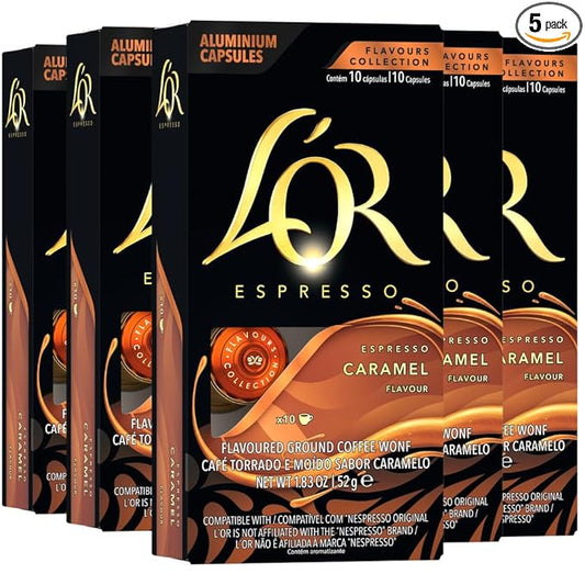 L'OR Espresso Capsules, 50 Count Caramel, Single-Serve Aluminum Coffee Capsules Compatible with the L'OR BARISTA System & *Nespresso Original Machines, 50 Count (Pack of 5)