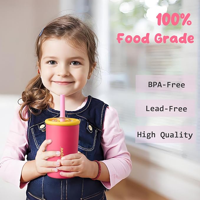 Kids Stainless Steel Cups with Straws and lids | 12 oz Spill-Proof Sippy Smoothie Tumbler Set, Small Kids Snack & Drink Water Cups, BPA-Free, Dishwasher Safe, with Box (Age: 3+ years old & up)