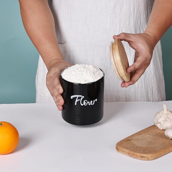 LEETOYI Porcelain Food Storage Containers with Lid, 4.5 Inch 31oz, Black Labeled Flour