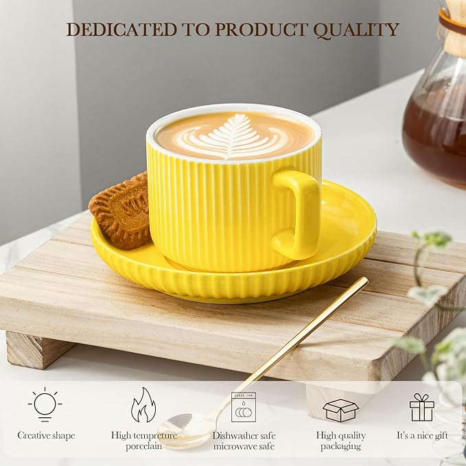 8 Ounce Cappuccino Cups Set of 4, Latte Mugs with Saucers and Spoons, Yellow Ceramic Coffee Mugs Tea Cups for Cappuccino Latte Mocha Au Lait Macchiato Cafe