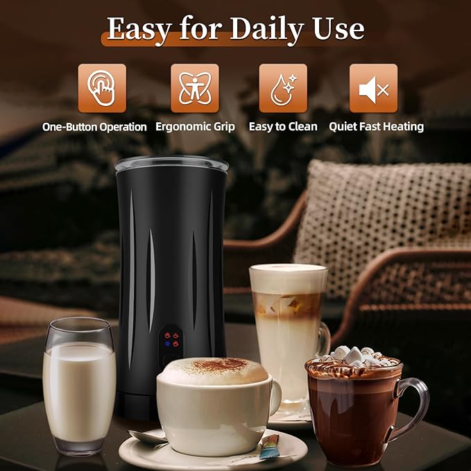 Milk Frother, Liksiy 4-in-1 Coffee Frother, Auto Shut-Off Milk Frother and Steamer with Hot & Cold Foam, Quiet Design Frother Machine for Latte, Cappuccino, Macchiato(Black)