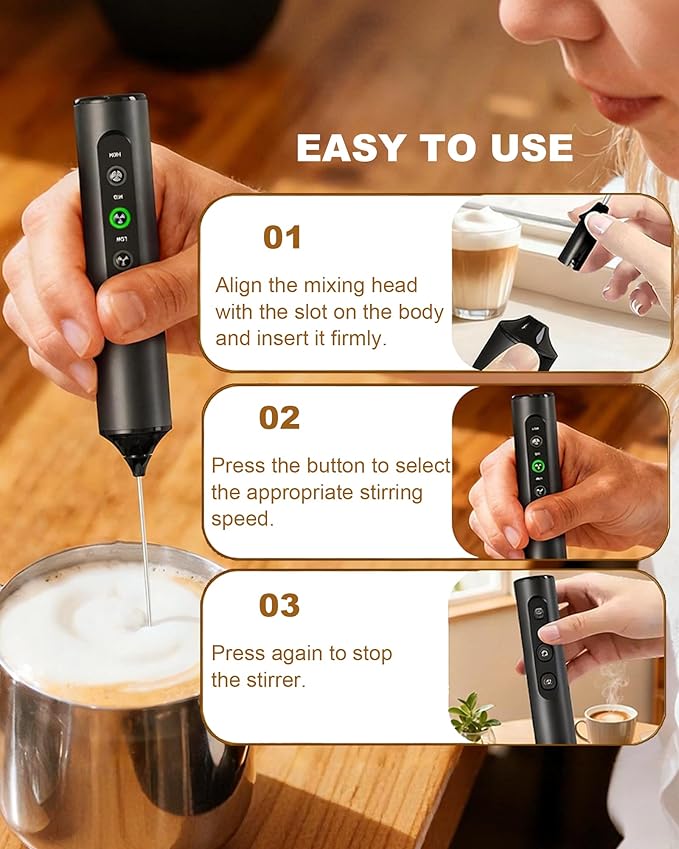 Rechargeable Handheld Milk Frother Wand with 3 Whisks & Storage Box, 3-Speed Electric Drink Mixer for Latte, Cappuccino, Hot Chocolate, Matcha and Eggs, Kitchen & Coffee Gift Set