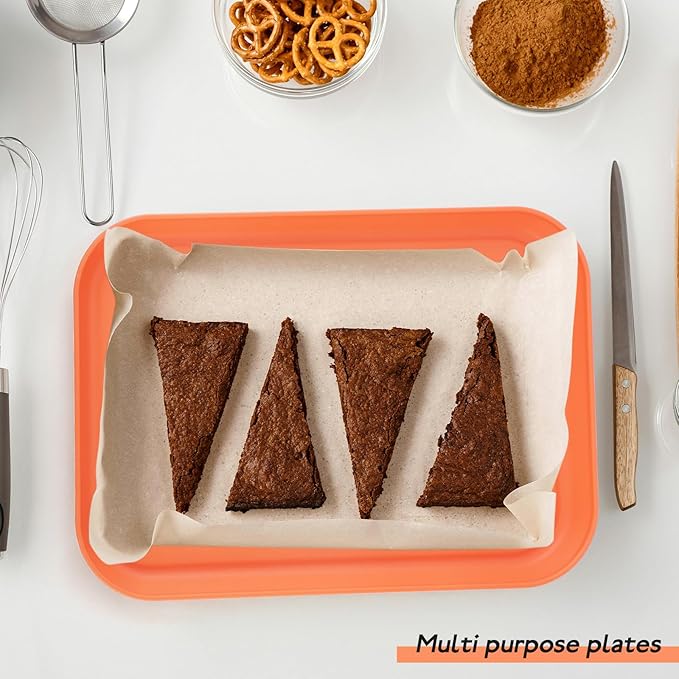 4 Pack Orange Plastic Serving Trays for Party Serving Food - Rectangular, 8.66 by 12 in, Heavy Duty Dessert Trays for Food Erving Platters for Party Tray Decor Veggie,Snack
