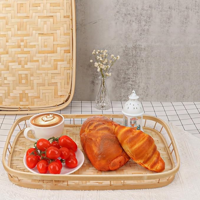 4 Pack Rectangular Bamboo Wicker Woven Tray with Handle, Bamboo Wicker Serving Trays for Eating, Kitchen, Table, Party