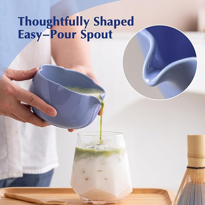 Matcha Set, 8Pcs Floral Ceramic Matcha Kit with Matcha Whisk, Holder, Scoop, Scoop Rest, Sifter, Spoon and Tea Towel - Thoughtful Matcha Whisk Set Gift for Matcha Lovers (Blue)