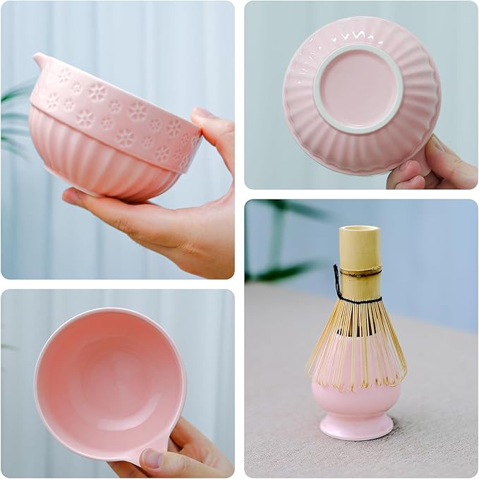 Joyscale Matcha Whisk Set, Matcha Set Whisk And Bowl, 8 Pcs Matcha Kit Set(Cherry Blossom Design), 18 OZ, Japanese Matcha Tea Set, Matcha Making Kit Gifts for Tea Lovers(Pink)
