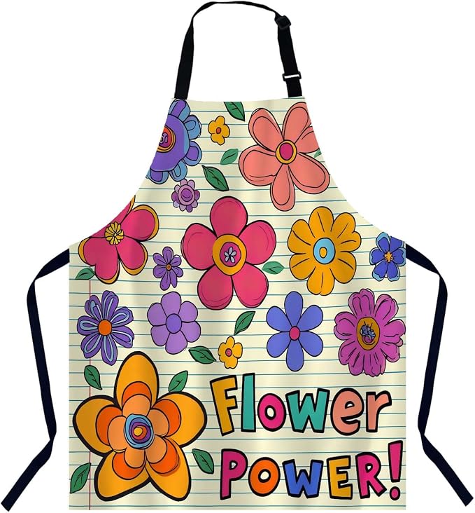 Flower Power Apron for Women Men, Adjustable Apron Cooking Kitchen Chef Apron for Home Kitchen, Baking Gardening BBQ, Coffee House, Restaurant by Unknown