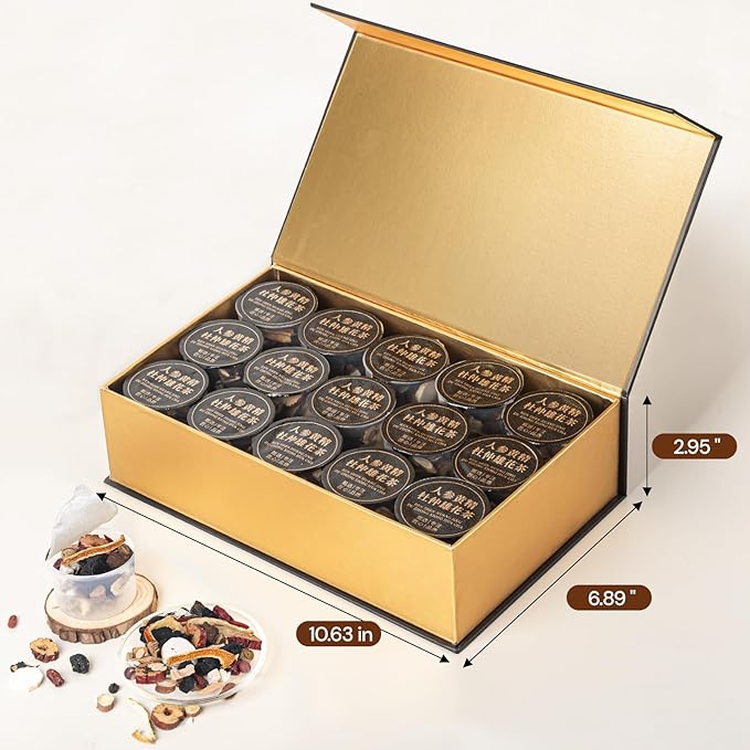 Tea Gift Set - Ginseng Polygonatum Eucommia Male Flower Tea, Travel Edition Gift Box for Men Women, No Additives, Caffeine Free, 19 Precious Natural Herbal Ingredients（30 Cans/1 Box)