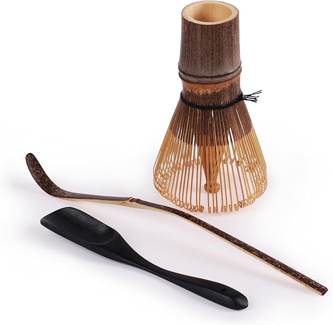 BambooMN Matcha Whisk Set - Chasen (Tea Whisk), Chashaku (Hooked Bamboo Scoop), Deep Scoop - Black - 1 Set